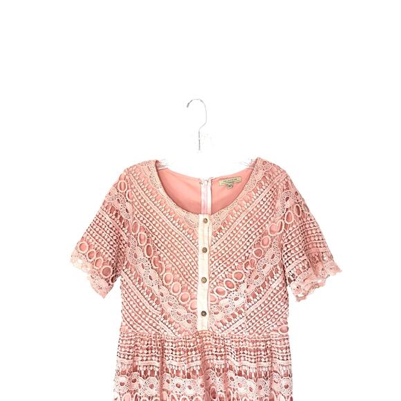 Polagram Dress Pink Lace Button Front Short‎ Sleeve Guipure Lace Dainty Medium - Picture 3 of 14